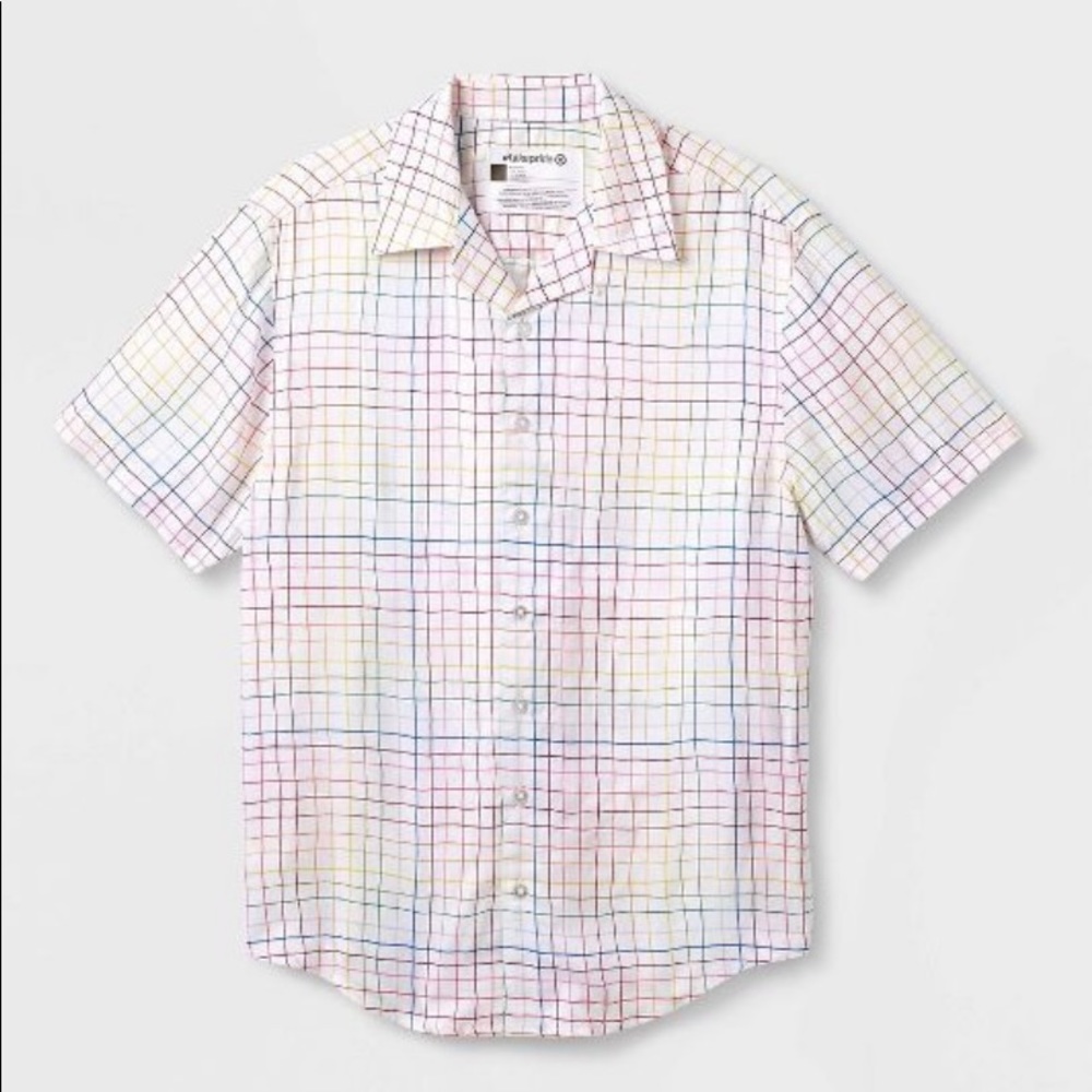 Pride Adult Short Sleeve Woven Rainbow Grid Button-Down Shirt - White Plaid Sz L